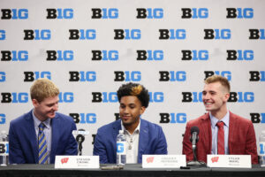 Wisconsin badgers basketball players Steven Crowl, Chucky Hepburn, and Tyler Wahl at Big Ten Media Days