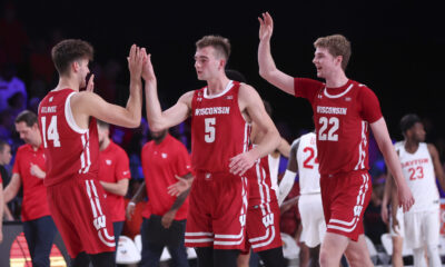 Wisconsin basketball forwards Carter Gilmore, Tyler Wahl, and Steven Crowl