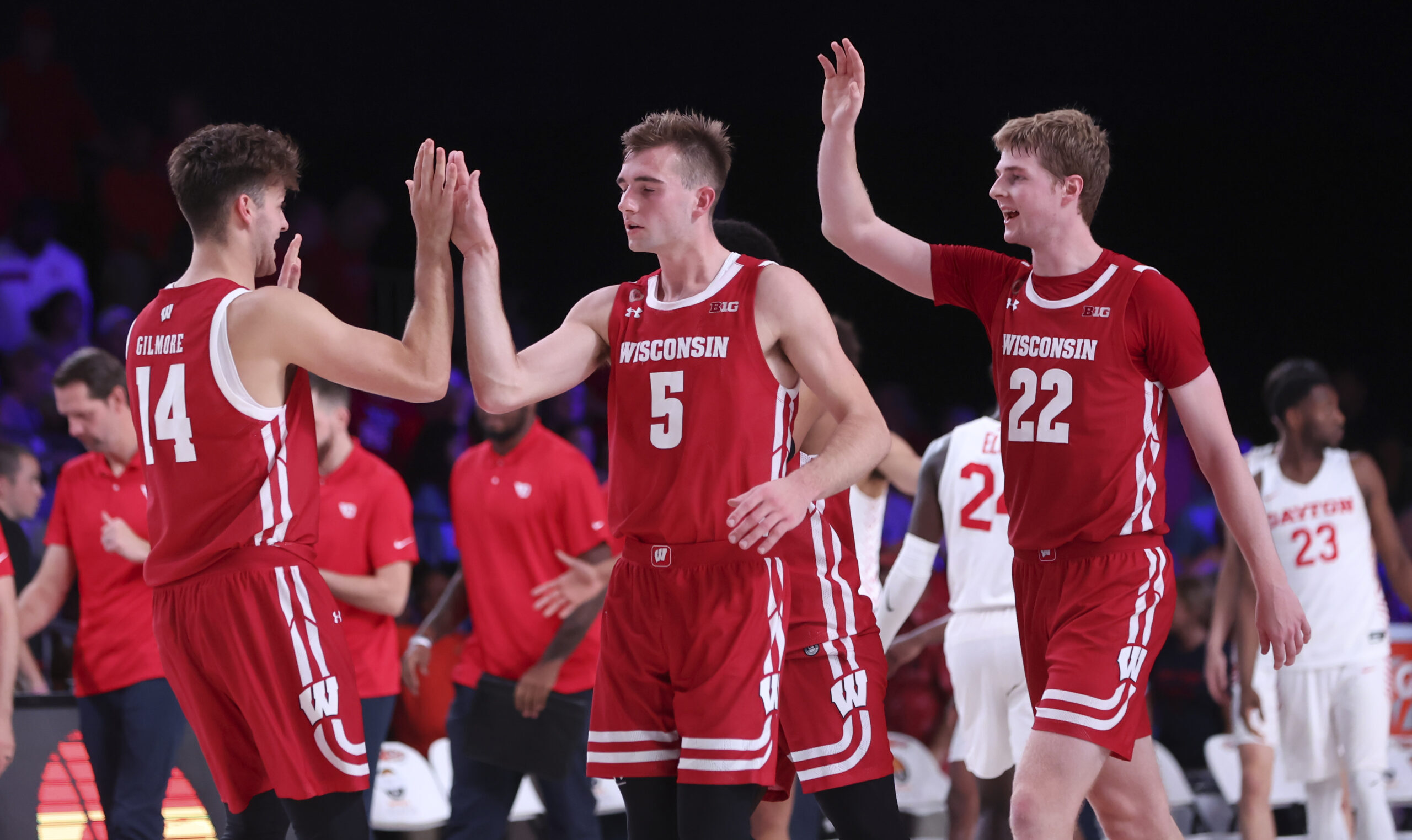 Wisconsin basketball forwards Carter Gilmore, Tyler Wahl, and Steven Crowl