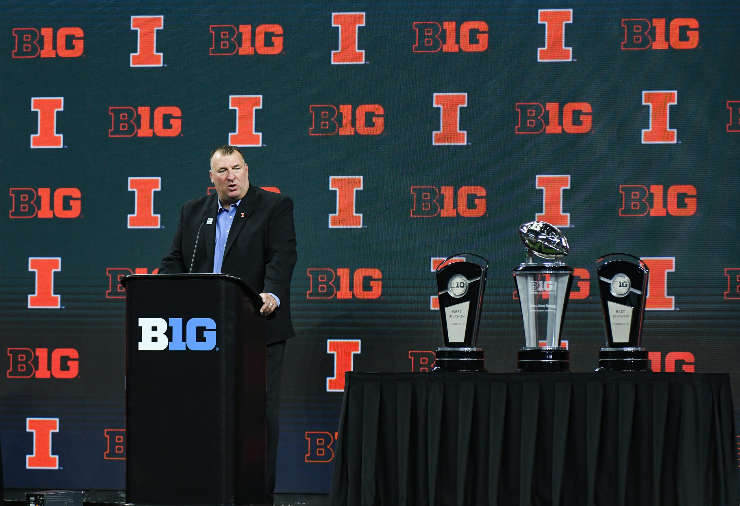Illinois Fighting Illini head coach Bret Bielema speaks at Big Ten Media Days about Jim Leonhard