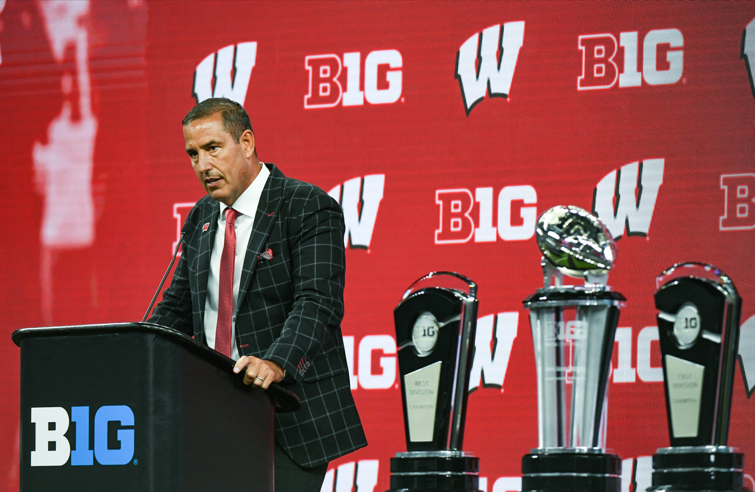 Wisconsin Football; Badgers head coach Luke Fickell talks to the media