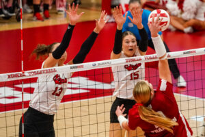 Wisconsin volleyball outside hitter Sarah Franklin attempts to score against the Nebraska Cornhuskers