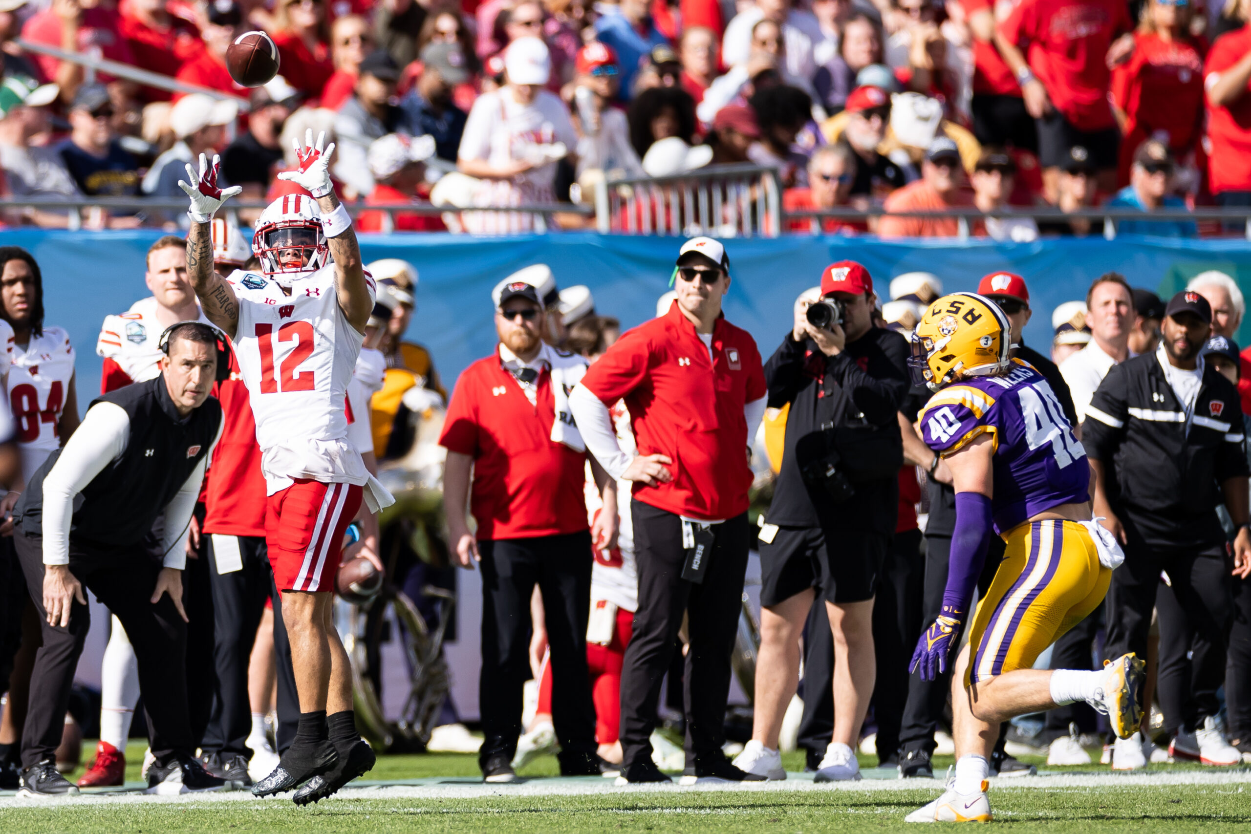 Wisconsin football; Badgers wide receiver Trech Kekahuna catches the ball against LSU