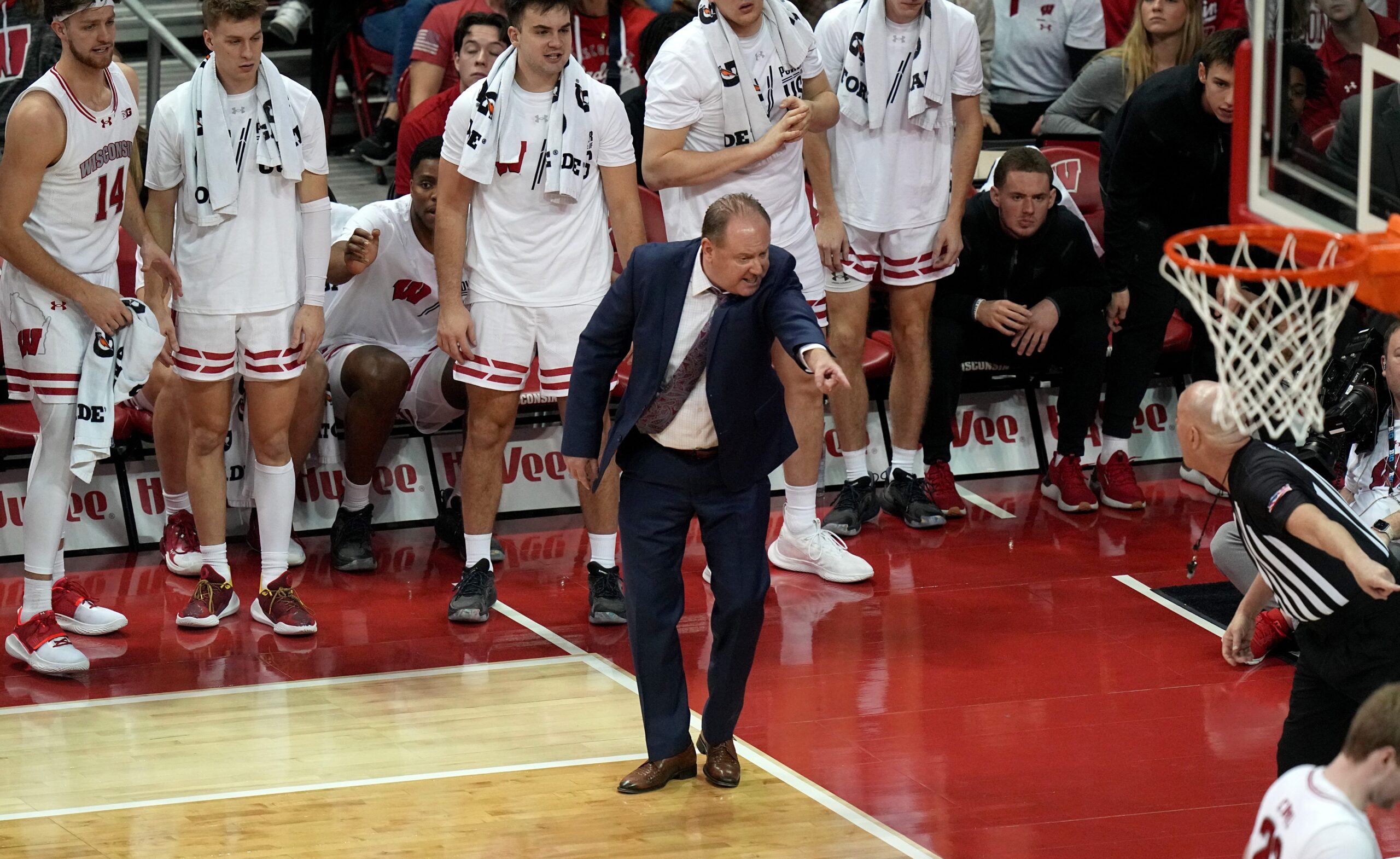 Wisconsin basketball; Badgers head coach yells at the officials during the Purdue game