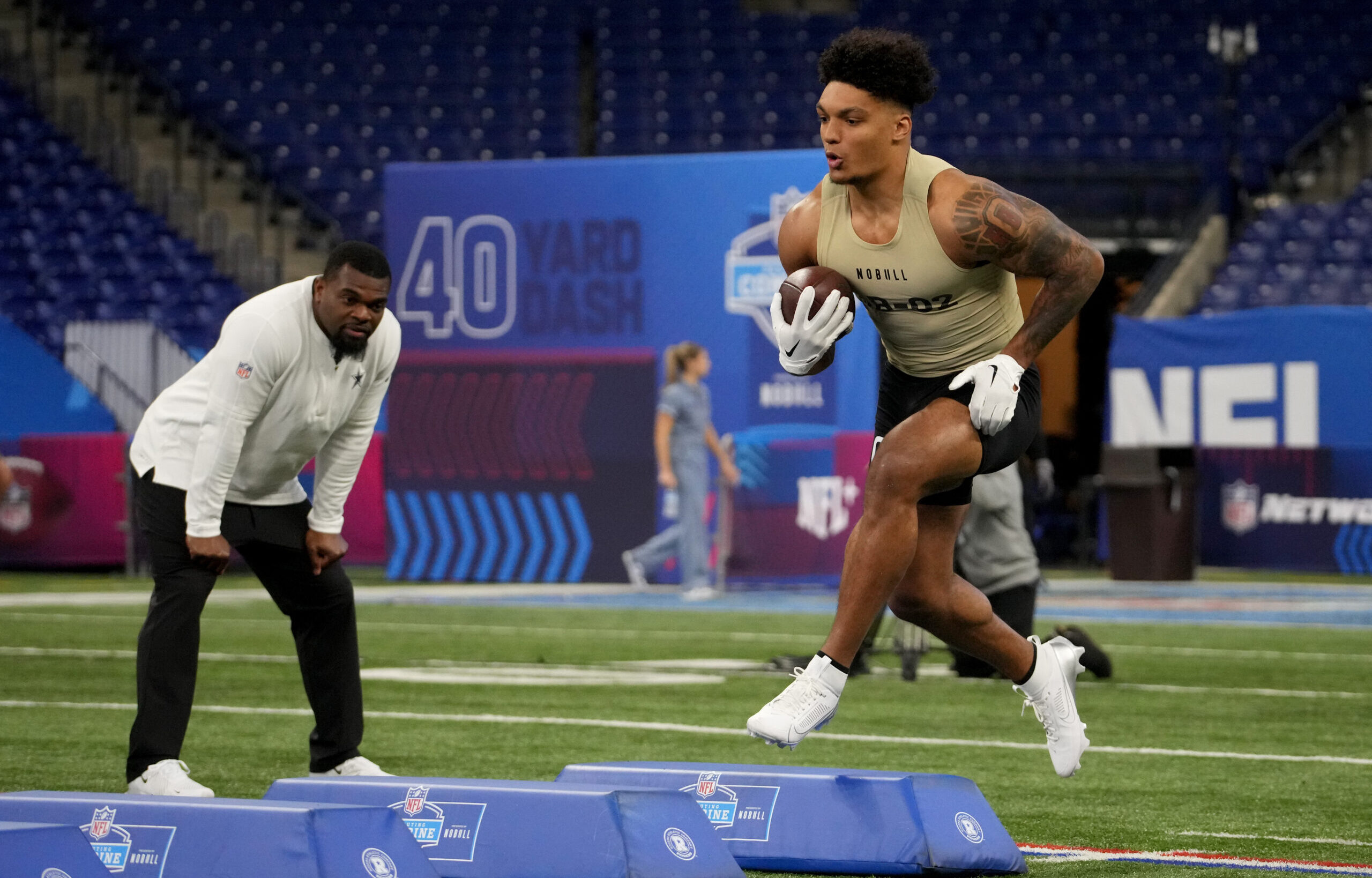 Wisconsin Badgers football player Braelon Allen at the NFL Scouting Combine